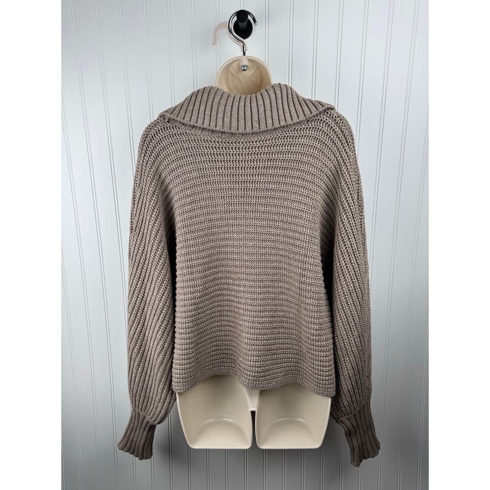 Slouchy Taupe Chunky Knit Sweater Women’s Small Oversized V-Neck Collared - Picture 4 of 8